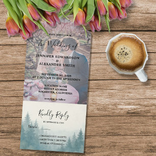 Watercolor pine tree forest wedding photo all in one invitation
