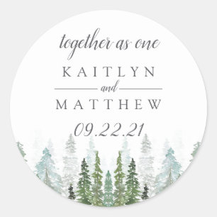 Watercolor Pine Tree Forest Wedding Save The Date  Classic Round Sticker