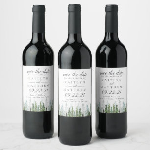 Watercolor Pine Tree Forest Wedding Save The Date  Wine Label