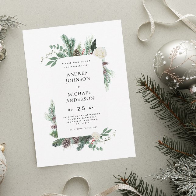 Watercolor Pine Tree Frame Rustic Winter Wedding Invitation (Creator Uploaded)