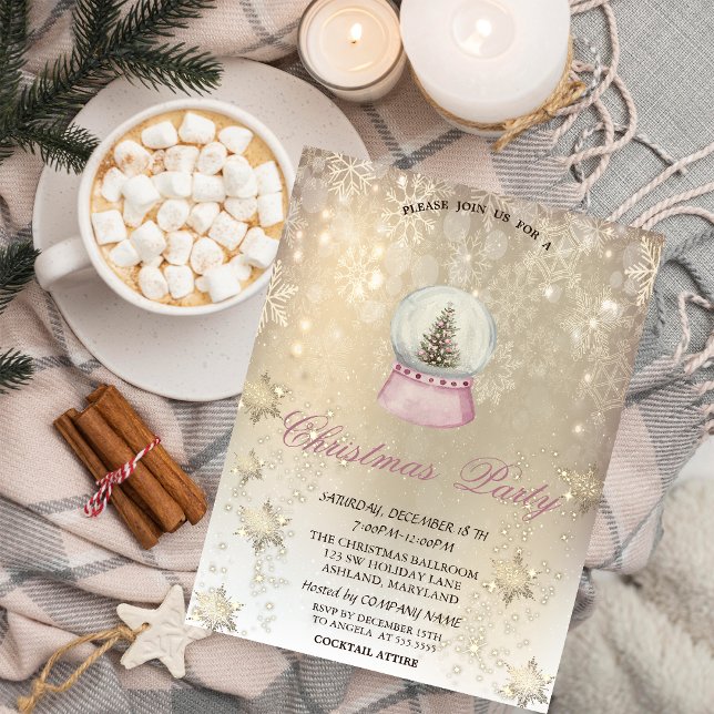 Watercolor Pine Tree Globe Snowflakes Gold  Invitation (Creator Uploaded)