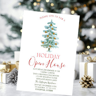 Watercolor Pine Tree,Gold Balls Open House  Invitation