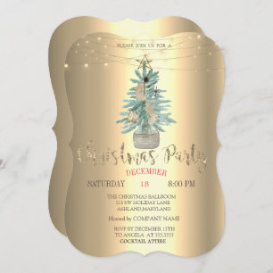 Watercolor Pine Tree, Gold Christmas Company Party Invitation
