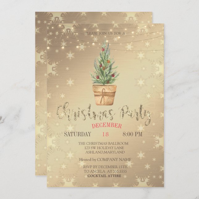 Watercolor Pine Tree, Gold Christmas Party Invitation (Front/Back)