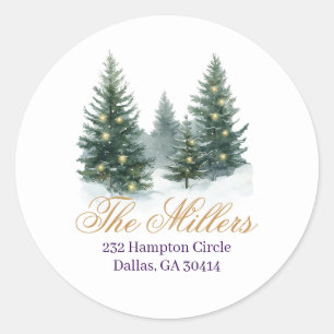 Watercolor Pine Tree Gold Stars Return Address Classic Round Sticker