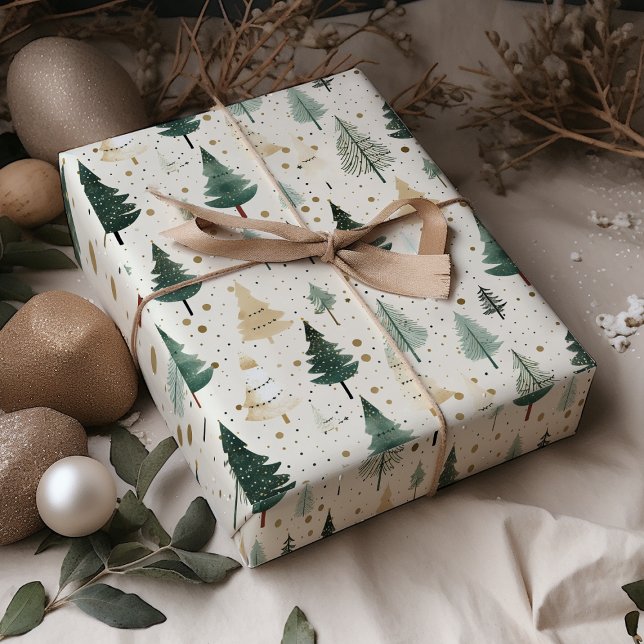 Watercolor Pine Tree Green Gold Christmas  Wrapping Paper Sheet (Creator Uploaded)