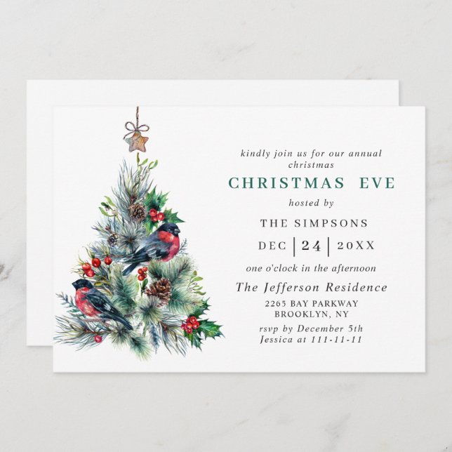 Watercolor Pine Tree Holiday CHRISTMAS EVE Invitation (Front/Back)
