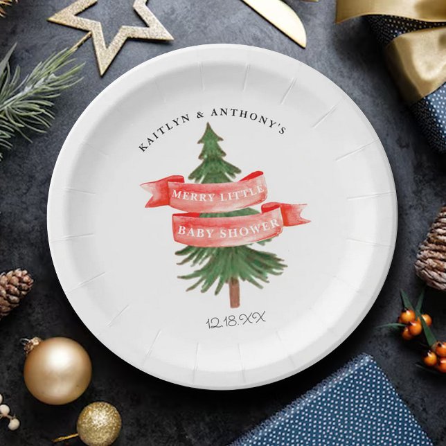Watercolor Pine Tree Merry Little Baby Shower Paper Plate (Creator Uploaded)