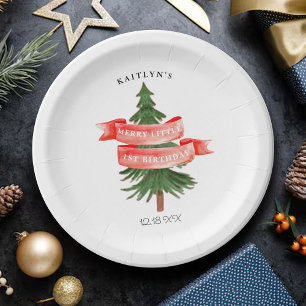Watercolor Pine Tree Merry Little Birthday Paper Plate