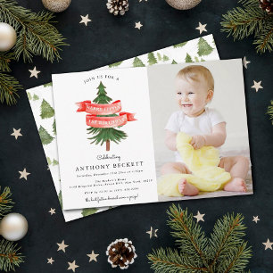 Watercolor Pine Tree Merry Little Birthday Photo Invitation