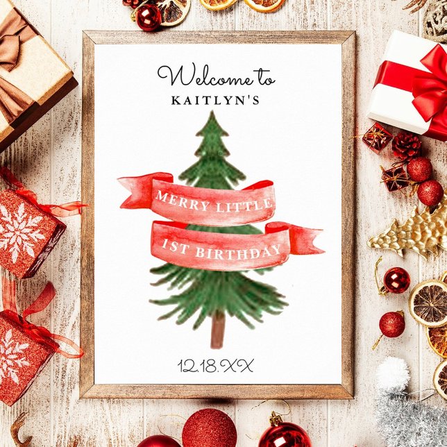 Watercolor Pine Tree Merry Little Birthday Poster (Creator Uploaded)