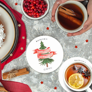 Watercolor Pine Tree Merry Little Birthday Round Paper Coaster