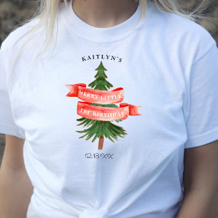 Watercolor Pine Tree Merry Little Birthday T-Shirt