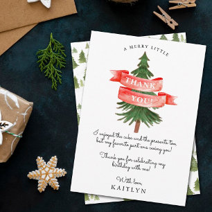 Watercolor Pine Tree Merry Little Birthday Thank You Card