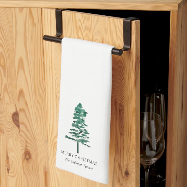 Watercolor Pine Tree Modern Christmas Tea Towel (Thirds Fold)