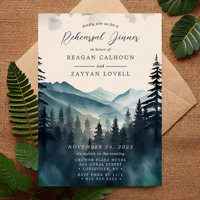Watercolor Pine Tree Mountain Rehearsal Dinner Invitation (Creator Uploaded)