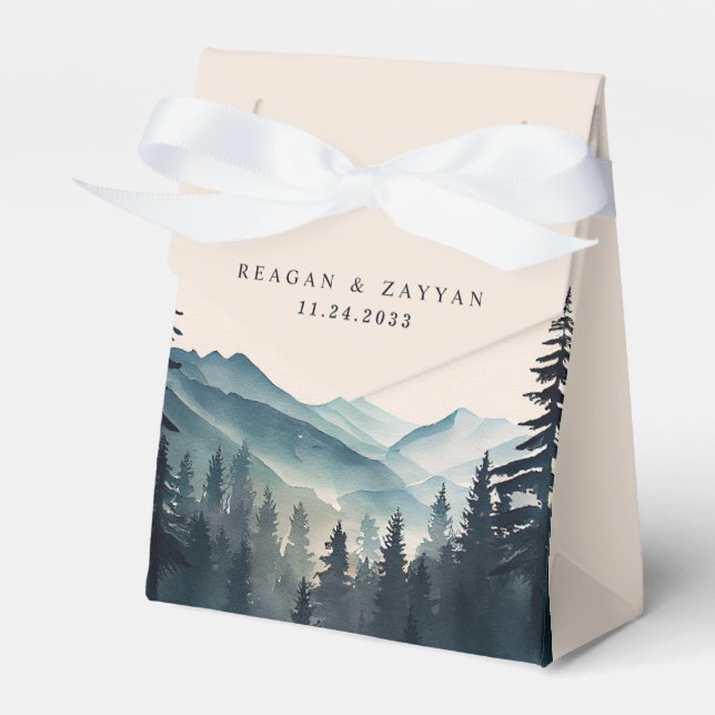 Watercolor Pine Tree Mountain Wedding Favour Box (Front Side)