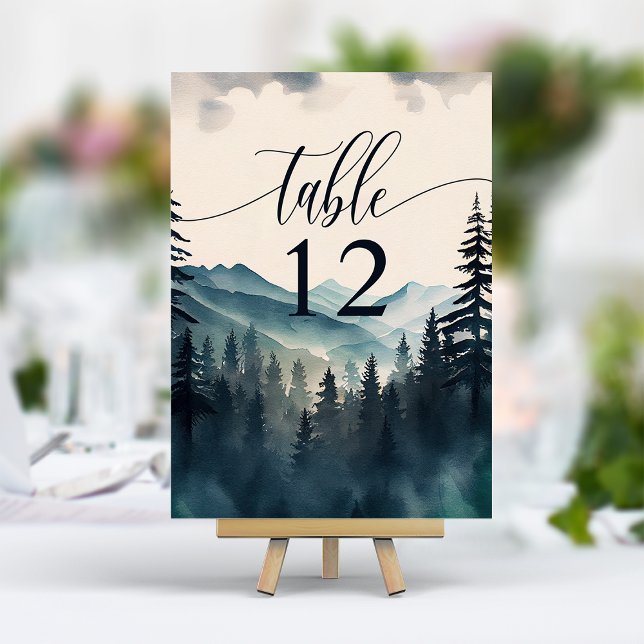 Watercolor Pine Tree Mountain Wedding Table Number (Creator Uploaded)