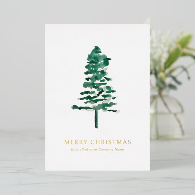 Watercolor Pine Tree Photo Business Christmas Foil Holiday Card (Standing Front)