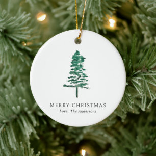 Watercolor Pine Tree Photo Modern Christmas Ceramic Ornament