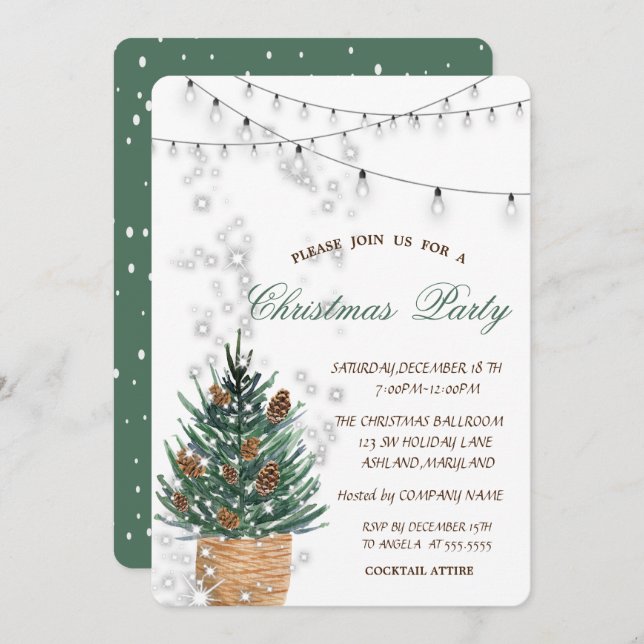 Watercolor Pine tree,Pine Cones Christmas Invitation (Front/Back)