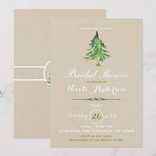 Watercolor Pine Tree Rustic Kraft Bridal Shower Invitation (Front/Back)