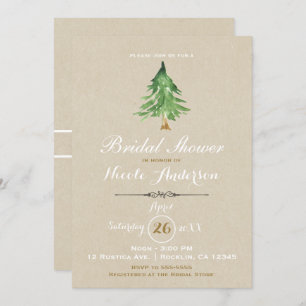 Watercolor Pine Tree Rustic Kraft Bridal Shower Invitation