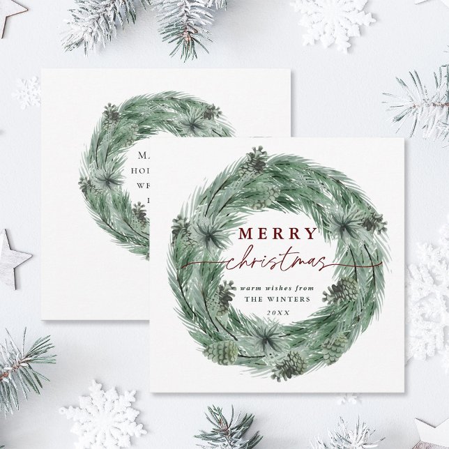 Watercolor Pine Tree Wreath Green & Red Christmas Holiday Card (Front & Back)