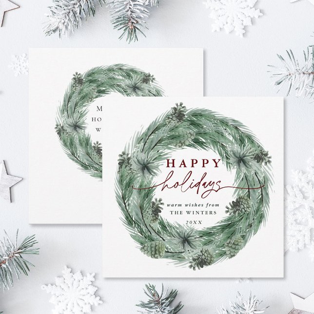 Watercolor Pine Tree Wreath Green & Red  Holiday Card (Front & Back)