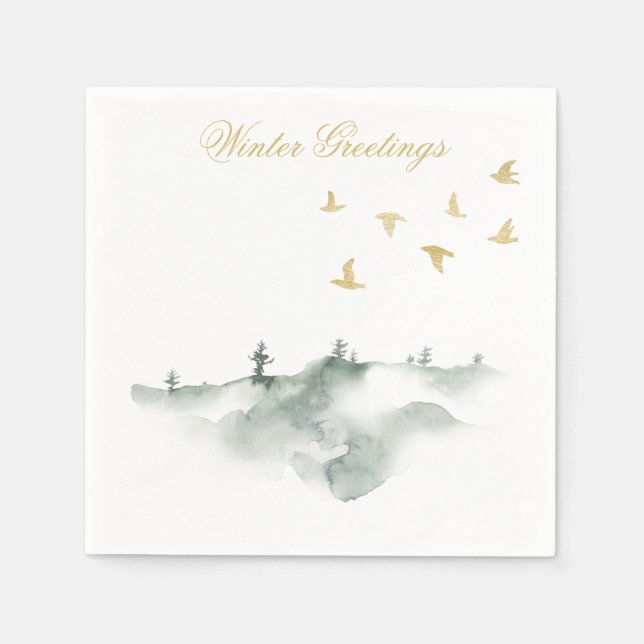 Watercolor Pine Trees and Birds Winter Napkin (Front)