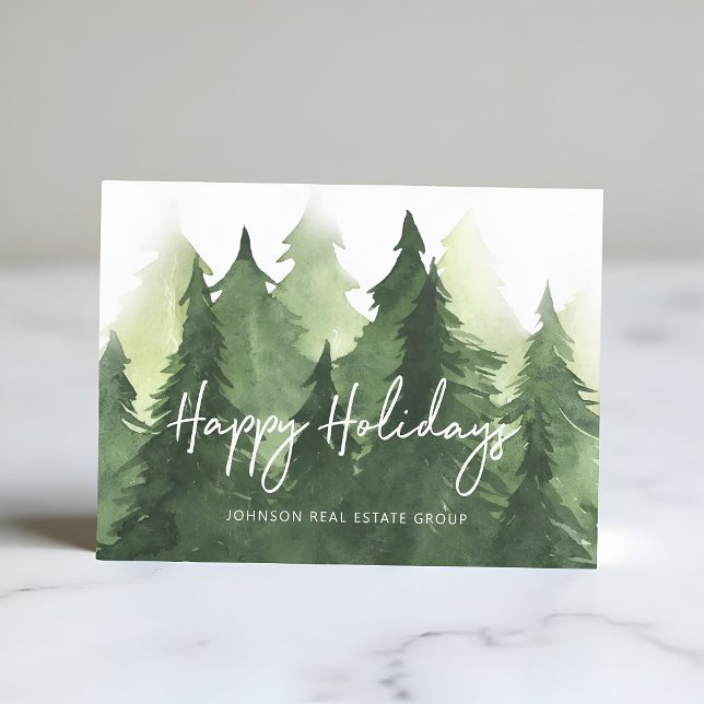 Watercolor Pine Trees Business Happy Holidays Postcard (Creator Uploaded)