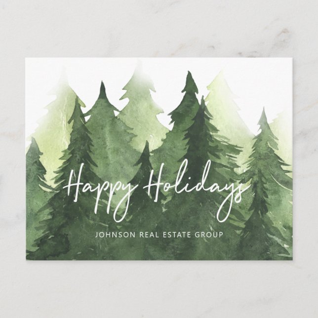 Watercolor Pine Trees Business Happy Holidays Postcard (Front)