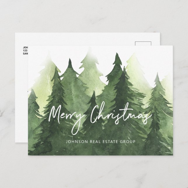 Watercolor Pine Trees Business Merry Christmas Postcard (Front/Back)