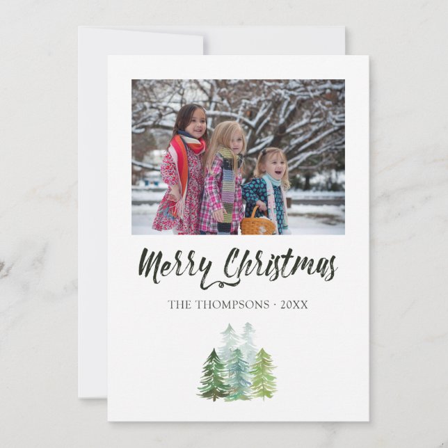 Watercolor Pine Trees Christmas Photo Card (Front)
