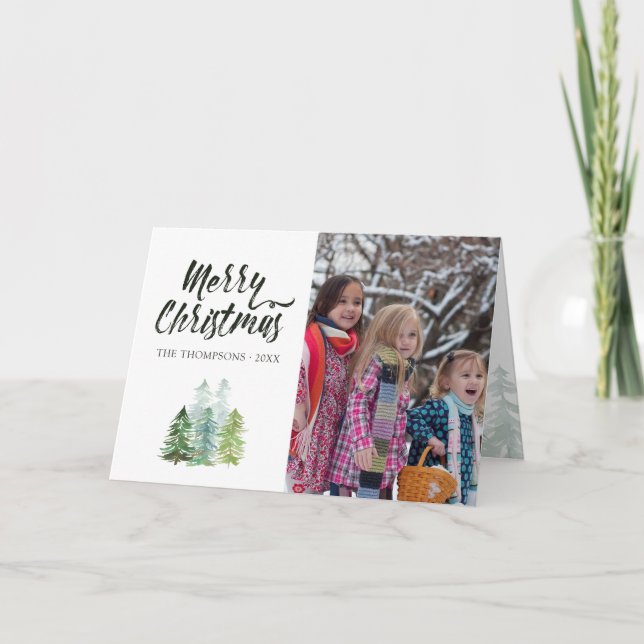 Watercolor Pine Trees Christmas Photo Holiday Card (Front)
