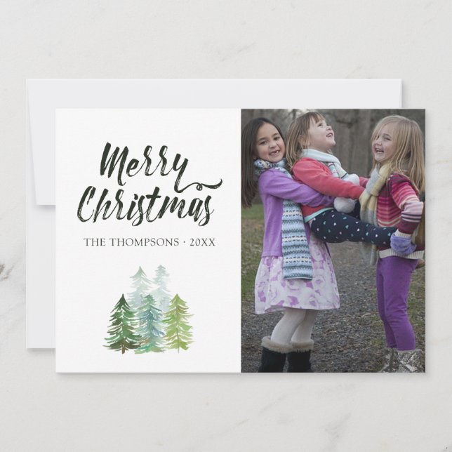 Watercolor Pine Trees Christmas Photo Holiday Card (Front)