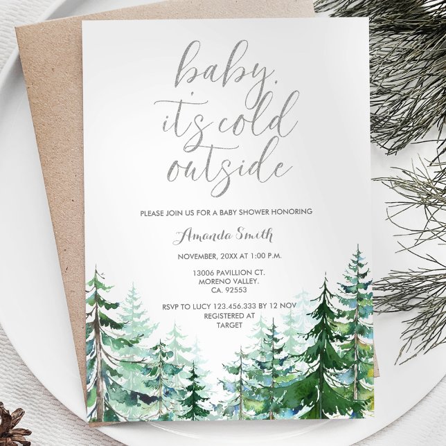Watercolor Pine Trees Cold Outside Baby Shower Invitation (Creator Uploaded)