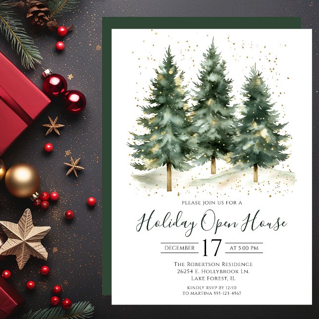 Watercolor Pine Trees Holiday Open House Invitation (Creator Uploaded)