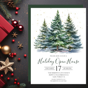 Watercolor Pine Trees Holiday Open House Invitation