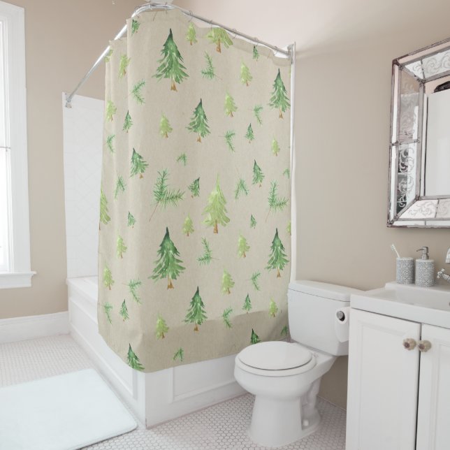 Watercolor Pine Trees Kraft Brown Rustic Homey Shower Curtain (In Situ)