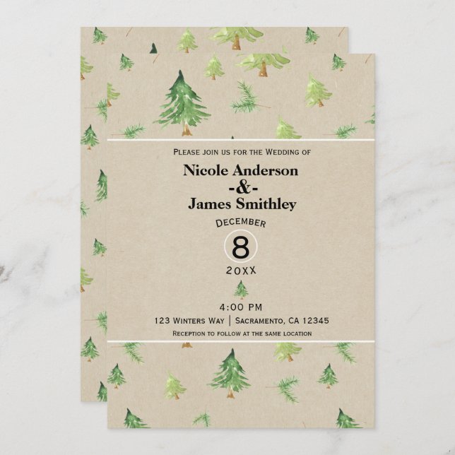 Watercolor Pine Trees Kraft Rustic Winter Wedding Invitation (Front/Back)