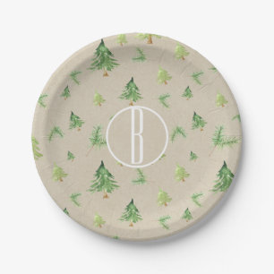 Watercolor Pine Trees Kraft Rustic Winter Wedding Paper Plate