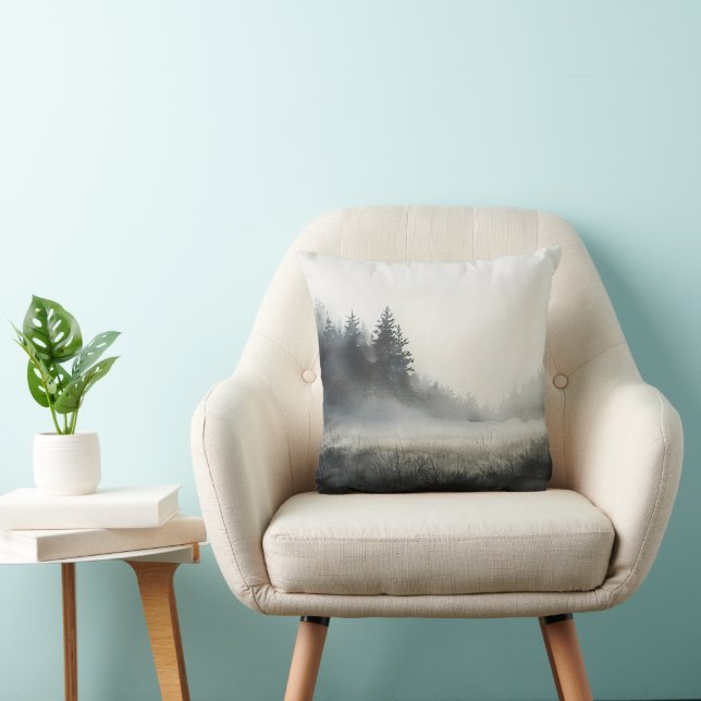Watercolor Pine Trees Misty LandscapeThrow Pillow (Chair)