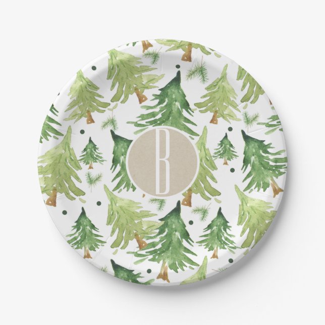 Watercolor Pine Trees Modern Rustic Kraft Party Paper Plate (Front)