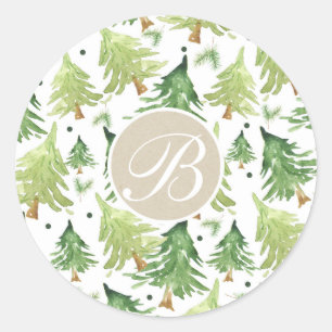 Watercolor Pine Trees Modern Rustic Monogram Kraft Classic Round Sticker