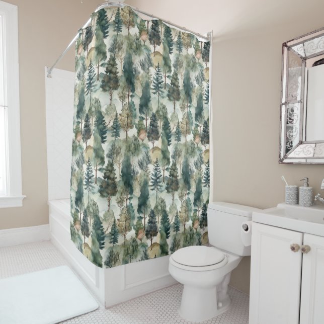 Watercolor Pine Trees Shower Curtain (In Situ)