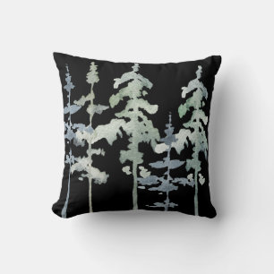 Watercolor Pine Trees, stripes, black background Cushion