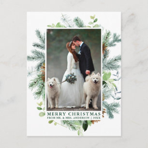 Watercolor Pine Wedding Photo Green Christmas Postcard