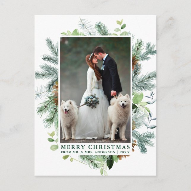 Watercolor Pine Wedding Photo Green Christmas Postcard (Front)