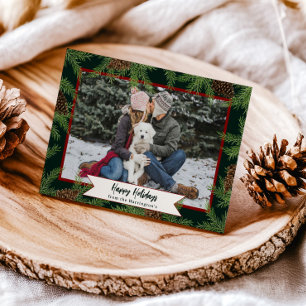 Watercolor Pine Winter Holiday One Photo Card 